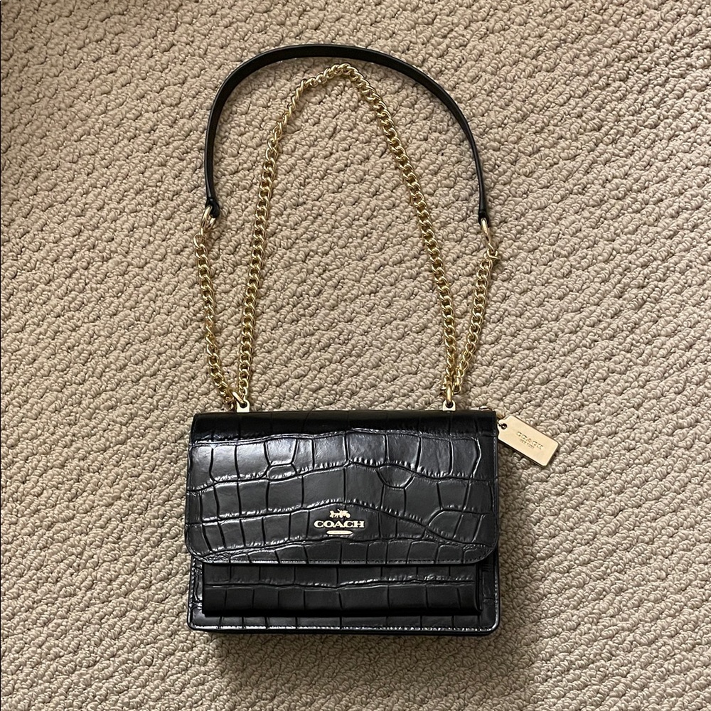 ‼️SOLD‼️ Coach Klare Black Croc-Embossed Crossbody Bag with Gold Chain